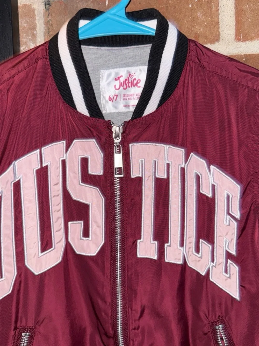 Justice Maroon Bomber Jacket with Pink Lettering
